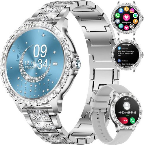 Lige Smartwatch, Damen Elegant Mit Telefonfunktion Wasserdicht Rund Silber Smart Watch