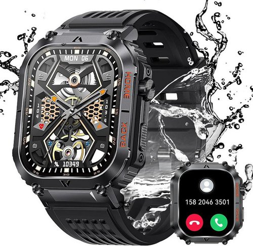 Jelloo Herren's Smartwatch (2,02 Zoll, Android iOS), mit Telefonfunktion Militär 5ATM Wasserdicht 100+ Sportmodi Fitnessuhr