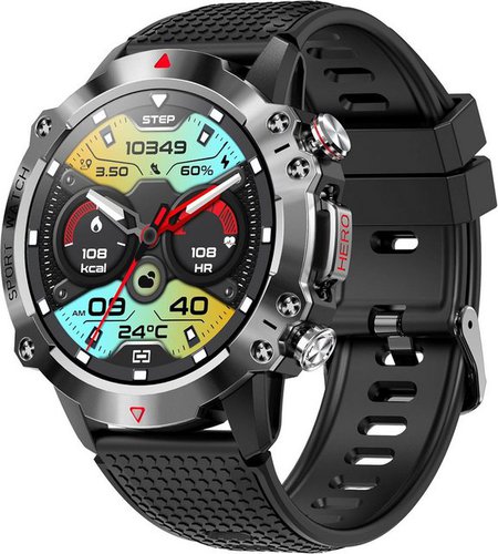 Findtime Smartwatch (1,39 Zoll, Android, iOS), mit Blutdruckmessung Wasserdicht Militär Uhr Schrittzähler Sportmodi