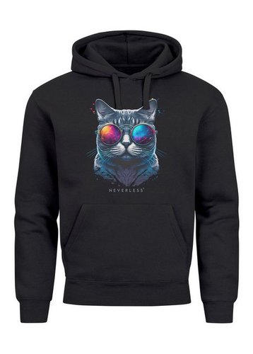 Neverless Hoodie Hoodie Herren Aufdruck Katze Cat Sommer Sonnenbrille Style Fashion Pri