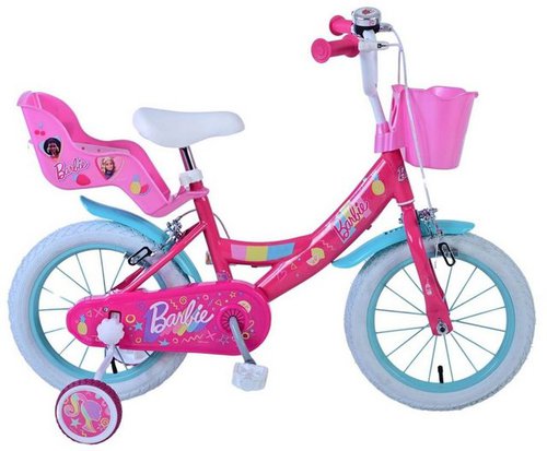 Volare Kinderfahrrad 14 Zoll Kinder Mädchen Fahrrad Mädchenfahrrad Rad Barbie 31480-DR, 1 Gang, Korb,Stützräder,Kettenschutz, Schutzbleche,Puppensitz, Klingel