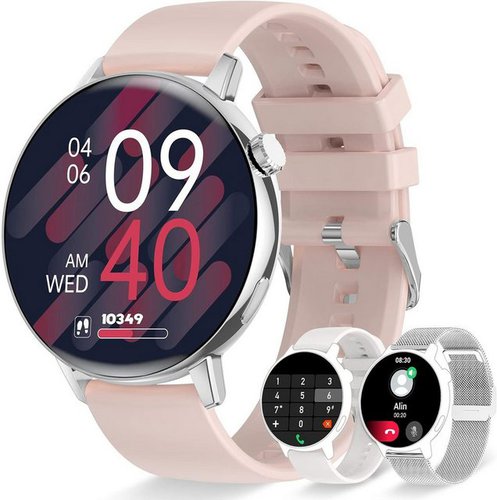 Erkwei Smartwatch Damen mit Bluetooth Anrufe Touchscreen Damenuhr Smartwatch (1,32 Zoll, Android iOS), Fitnessuhr mit Schrittzähler Herzfrequenzmonitor Schlafmonitor SpO2