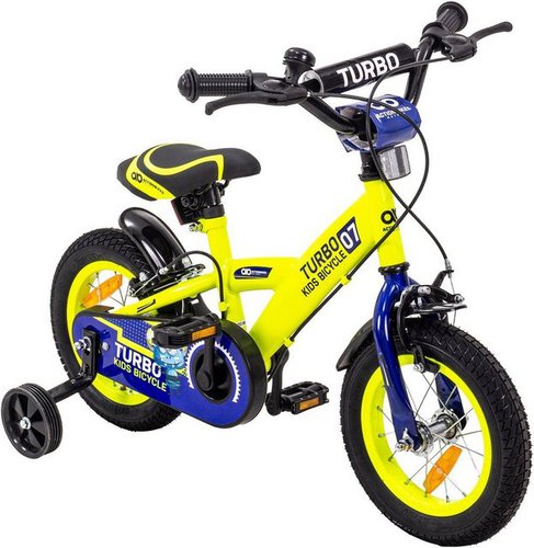 Actionbikes Motors Kinderfahrrad Kinder Fahrrad Turbo mit Stützräder, 1 Gang, ohne Schaltung, (12 Zoll, ab 95 cm Körpergröße, max. Zuladung 35 kg, Stützräder, Reflektoren, Antirutschgriffe, Lenkerschutz, Kettenschutz, 1-tlg., V-Brake-Bremse, Luftbereifung, Schutzbleche, gelb / blau), höhenverstellbares Bike Jungen Mädchen Kinderrad ab 2 Jahre