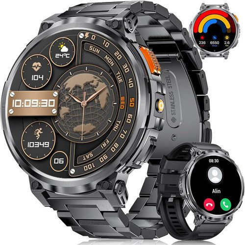 Dremac Herren's 730 mAh Akku IP68 Wasserdicht Fitness-Tracker Smartwatch (1,85 Zoll, Android/iOS), mit austauschbarem weichem Silikonarmband, mit Taschenlampe/120+ Sportmodi 24/7 Herzfrequenz,Schlafmonitor