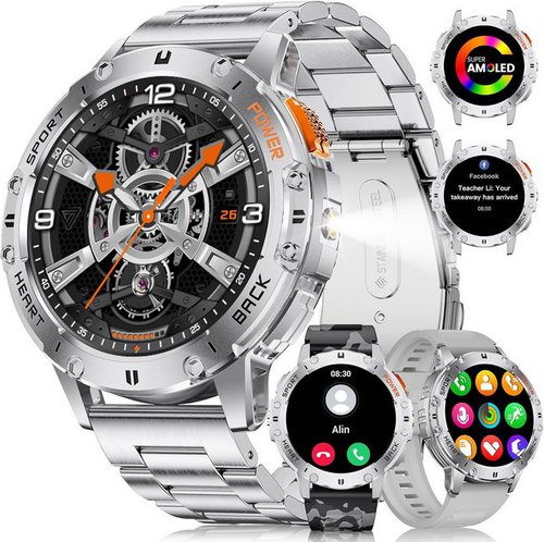 Dremac Herren's 530 mAh Akku IP68 Wasserdicht Fitness-Tracker Smartwatch (1,43 Zoll, Android/iOS), mit austauschbarem weichem Silikonarmband, mit Taschenlampe 120+ Sportmodi 24/7 Herzfrequenz,Schlafmonitor