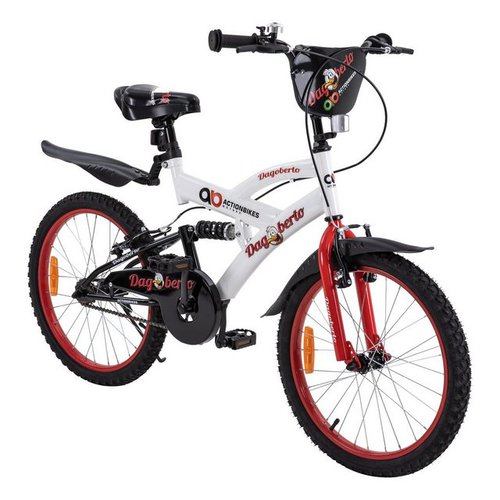 Actionbikes Motors Kinderfahrrad Kinder Fahrrad Dagoberto - rot / weiß / schwarz, 1 Gang, ohne Schaltung, (20 Zoll, ab 115 cm Körpergröße, max. Zuladung 50kg, Kettenschutz, Reflektoren, Luftbereifung, Schutzbleche, 1-tlg., V-Brake-Bremsen, Antirutschgriffe, Heckfederung, Fahrradständer), höhenverstellbares Bike Jungen Mädchen Kinderrad ab 6 Jahre