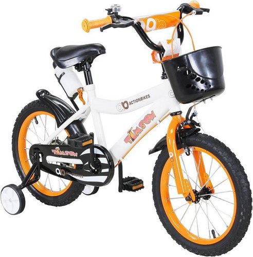 Actionbikes Motors Kinderfahrrad Jungs Mädchen Kinder Fahrrad Timson inkl. Fahrradkorb & Trinkflasche, 1 Gang, ohne Schaltung, (16 Zoll, ab 105 cm Körpergröße, max. Zuladung 40 kg, Stützräder, Klingel, Trinkflasche inkl. Halterung, Reflektoren, Antirutschgriffe, 1-tlg., V-Brake-Bremsen, Luftbereifung, Schutzbleche, weiß / orange / schwarz), höhenverstellbares Bike Jungen Mädchen Kinderrad ab 4 Jahre