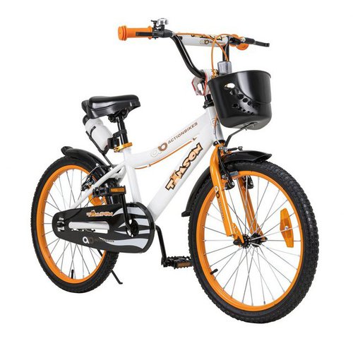 Actionbikes Motors Kinderfahrrad Jungs Mädchen Kinder Fahrrad Timson inkl. Fahrradkorb & Trinkflasche, 1 Gang, ohne Schaltung, (20 Zoll, ab 115 cm Körpergröße, max. Zuladung 50 kg, Fahrradständer, Klingel, Trinkflasche inkl. Halterung, Reflektoren, Antirutschgriffe, 1-tlg., V-Brake-Bremsen, Luftbereifung, Schutzbleche, weiß / orange / schwarz), höhenverstellbares Bike Jungen Mädchen Kinderrad ab 6 Jahre