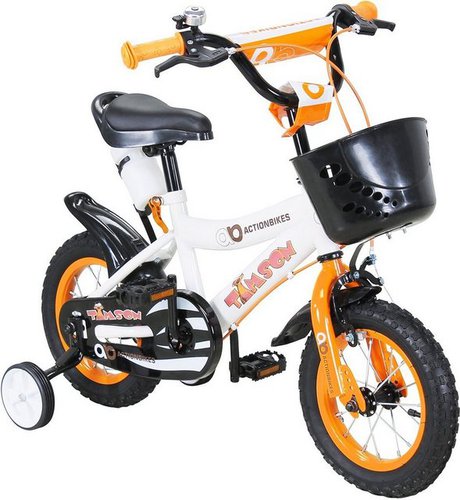 Actionbikes Motors Kinderfahrrad Jungs Mädchen Kinder Fahrrad Timson inkl. Fahrradkorb & Trinkflasche, 1 Gang, ohne Schaltung, (12 Zoll, ab 95 cm Körpergröße, max. Zuladung 35 kg, Stützräder, Klingel, Trinkflasche inkl. Halterung, Reflektoren, Antirutschgriffe, 1-tlg., V-Brake-Bremsen, Luftbereifung, Schutzbleche, weiß / orange / schwarz), höhenverstellbares Bike Jungen Mädchen Kinderrad ab 2 Jahre