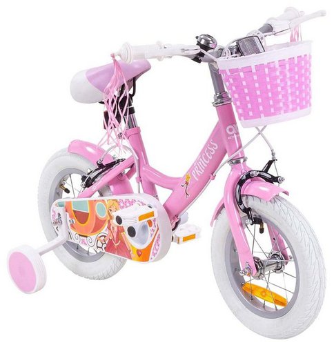 Actionbikes Motors Kinderfahrrad Mädchen Kinder Fahrrad Princess in Rosa Weiß, 1 Gang, ohne Schaltung, (höhenverstellbares Bike - Mädchen Kinderrad - Prinzessin Design - V-Brake-Bremse vorne & hinten - Wave-Rahmen - gefederter Sattel, 1-tlg., Rutschfeste Handgriffe - Schutzbleche - Reflektoren - Korb - pink), Kinderrad 12 Zoll - Mädchenfahrrad - 2 - 5 Jahre - Stützräder