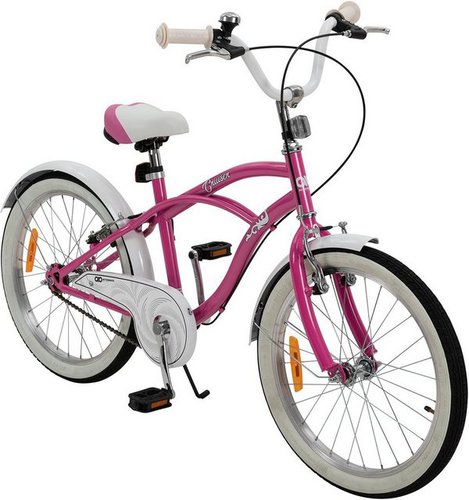Actionbikes Motors Kinderfahrrad Kinder Fahrrad Cruiser 20 Zoll - ab 6 Jahre, 1 Gang, ohne Schaltung, (Reflektoren, Katzenaugen, Antirutschprofil, Klingel, Kettenschutz, 1-tlg., Trapez-Rahmen, V-Brake-Bremsen, max. Zuladung 40 kg), höhenverstellbares Bike Jungen Mädchen Kinderrad ab 115 cm rosa
