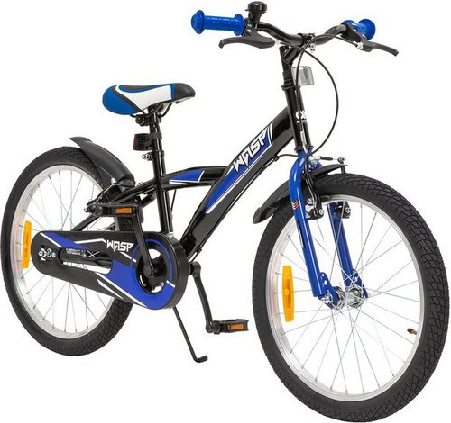 Actionbikes Motors Kinderfahrrad Kinder Fahrrad Wasp, 1 Gang, ohne Schaltung, (20 Zoll, ab 115 cm Körpergröße, max. Zuladung 40 kg, Klingel, Katzenaugen, Reflektoren, Antirutschgriffe, Fahrradständer, Kettenschutz, 1-tlg., V-Brake-Bremsen, Luftbereifung, Schutzbleche, schwarz / blau), höhenverstellbares Bike Jungen Mädchen Rad Kinderrad ab 6 Jahre