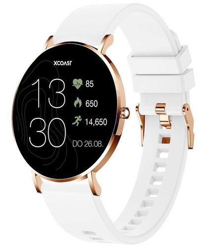 Xcoast SIONA 2 Damen Smartwatch (4,2 cm/1,3 Zoll, iOS und Android) Polar White, Fitness Tracker, 3-tlg., neueste Generation, Blutsauerstoffmesser, Wasserdicht, Ultra flach, Puls, Blutdruck, brillante Farben, AMOLED