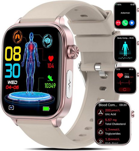 Marsyu Blutdruckmessung Smartwatch (1,96 Zoll, Android, iOS), mit Telefonfunktion 24H Blutfett Harnsäure Körperfett Herzfrequenz