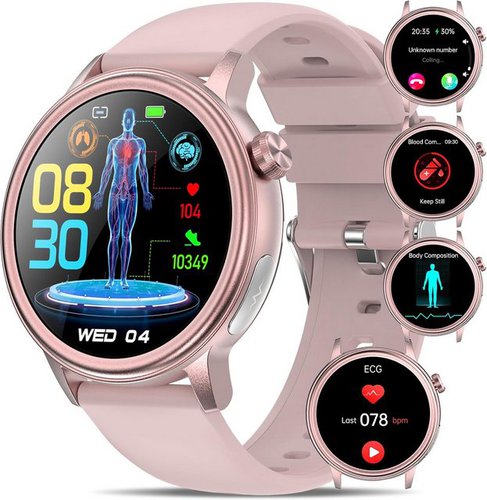 Yyky Körperzusammensetzung Smartwatch (1,4 Zoll, Android, iOS), mit EKG+HRV/Harnsäure/BMI Fitnessuhr Telefonfunktion SOS-Taste Schlaf