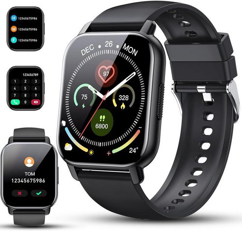 Poounur Integrierter Lautsprecher und Mikrofon Smartwatch (1,85 Zoll, Android, iOS), mit Telefonfunktion, Fitnessuhr, 112+Sportmodi, IP68 Wasserdicht SpO2