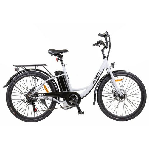 Myatu E-Bike Citybike Tiefeinstieg 26 Zoll Damen 360Wh 10 Ah, 6 Gang Shimano, Kettenschaltung, Heckmotor, 360,00 Wh Akku, großer Akku