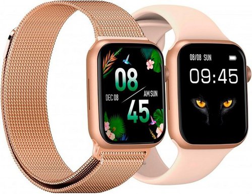 Dcu Tecnologic Smartwatch (1,91 Zoll, Android, iOS), mit 2 Armbändern, Roségoldenes Metall und rosa IP67, 128 Sportmodi