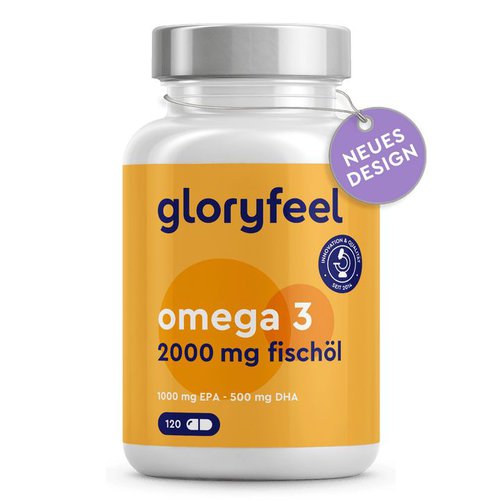 Gloryfeel gloryfeel® Omega 3 Kapseln hochdosiert - Fischöl Kapseln mit 2.000 mg Omega3 + 1000mg EPA pro Tag